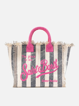 Borsa Vanity regular in canvas a righe verticali blu