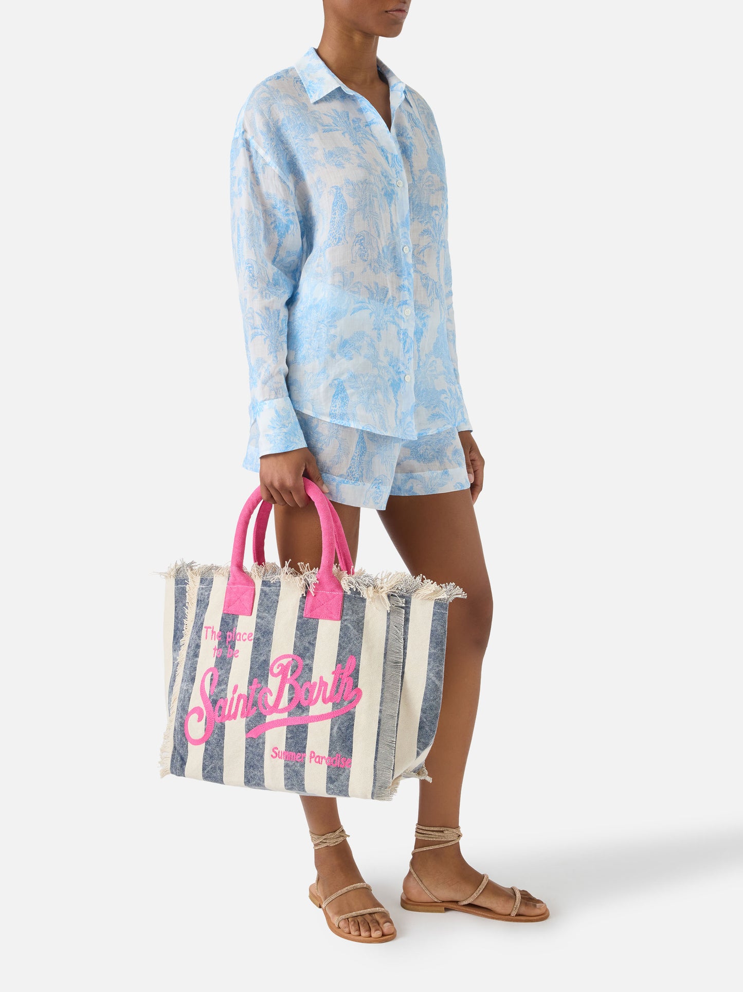 Borsa Vanity regular in canvas a righe verticali blu