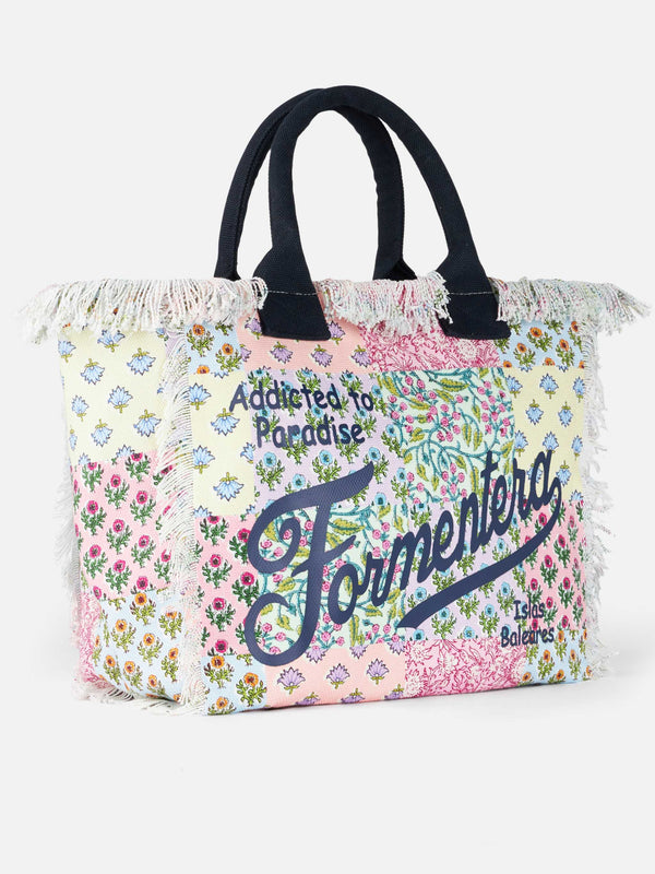 Vanity-Einkaufstasche aus Formentera-Baumwollcanvas mit Blumenaufnäher