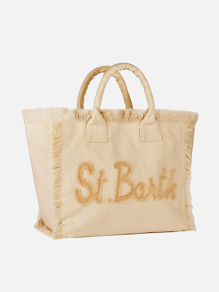 Borsa a spalla Vanity in canvas di cotone beige con patch logo Saint Barth