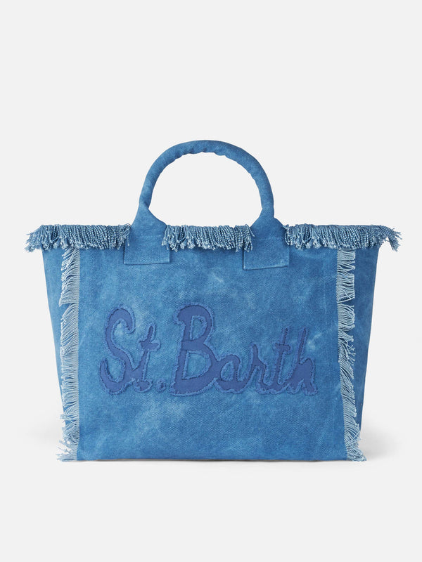 Denim cotton canvas Vanity tote bag with logo patch
