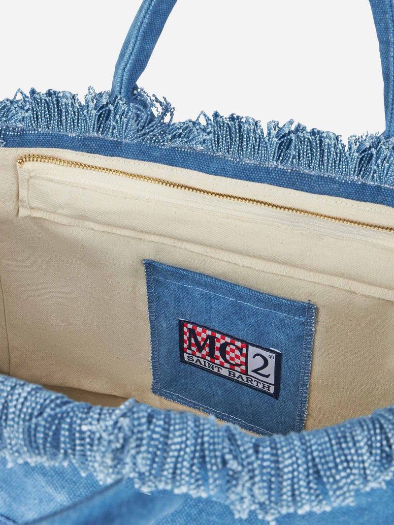 Denim cotton canvas Vanity tote bag with logo patch