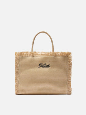 Borsa Vanity regular effetto paglia con logo ricamato a contrasto