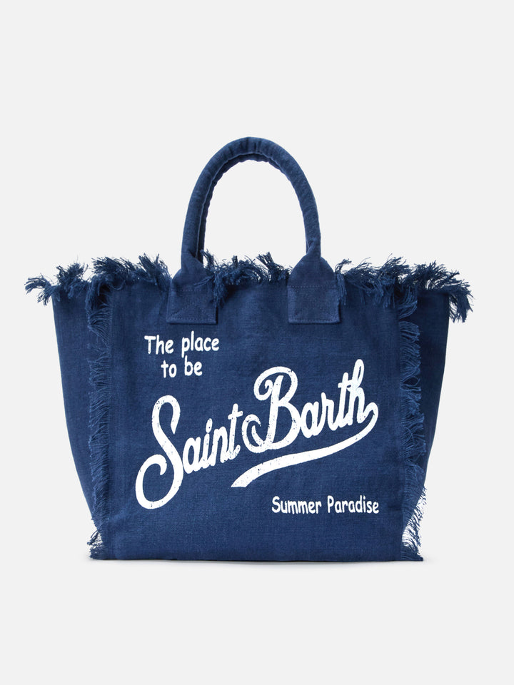 Borsa Vanity regular in lino blu tinta unita