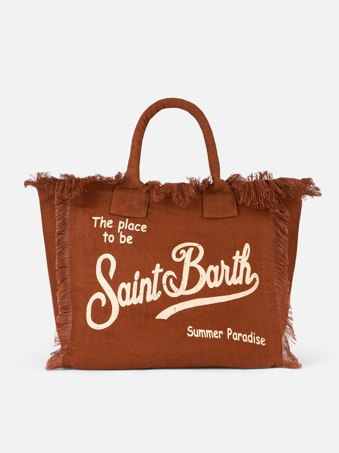 Mc2 Saint Barth Brown Vanity Linen tote bag with Saint Barth logo