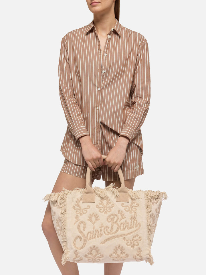 Borsa Vanity regular in canvas con ricamo lily tufting beige