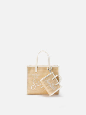 Vivian micro straw effect bag with white embroidered logo