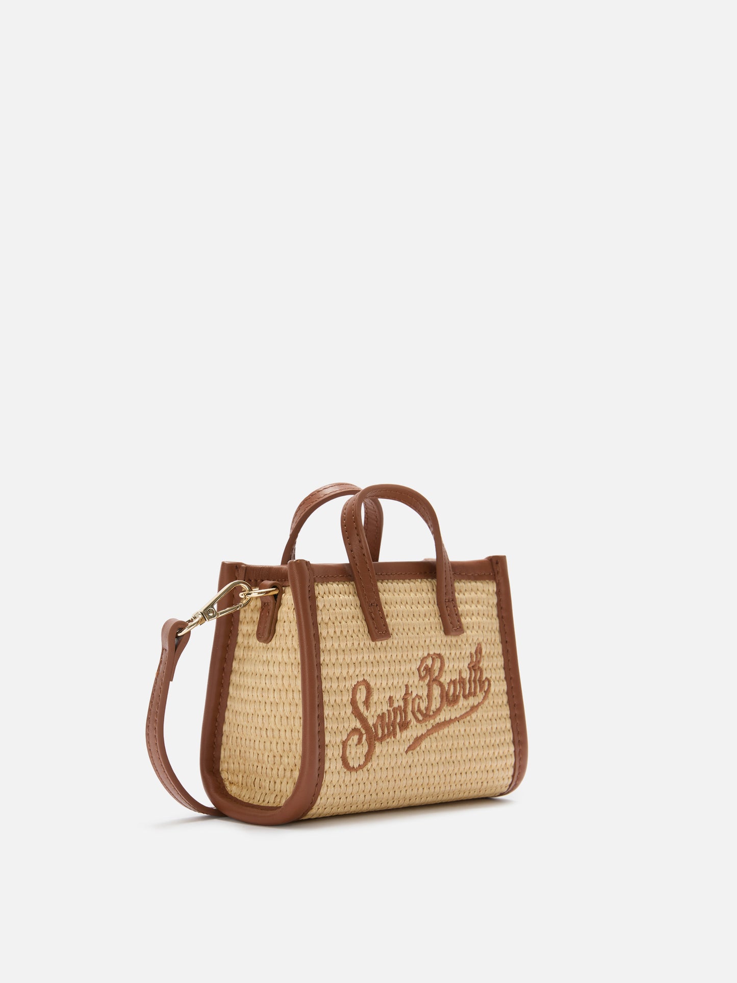 Vivian micro raffia effect bag with brown embroidered logo