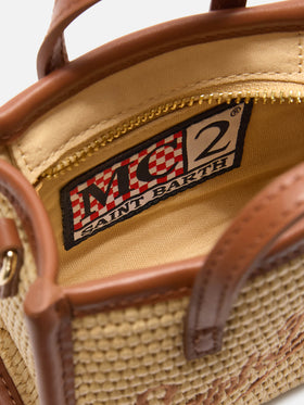 Vivian micro raffia effect bag with brown embroidered logo