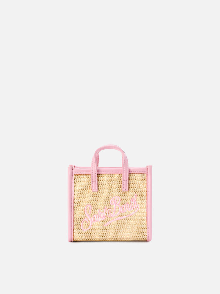 Vivian micro raffia effect bag with pink embroidered logo