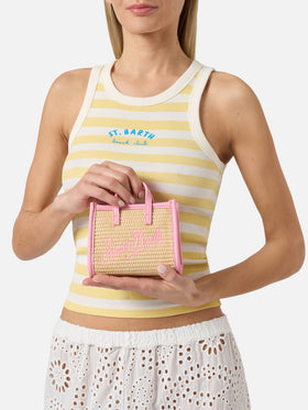 Vivian micro raffia effect bag with pink embroidered logo