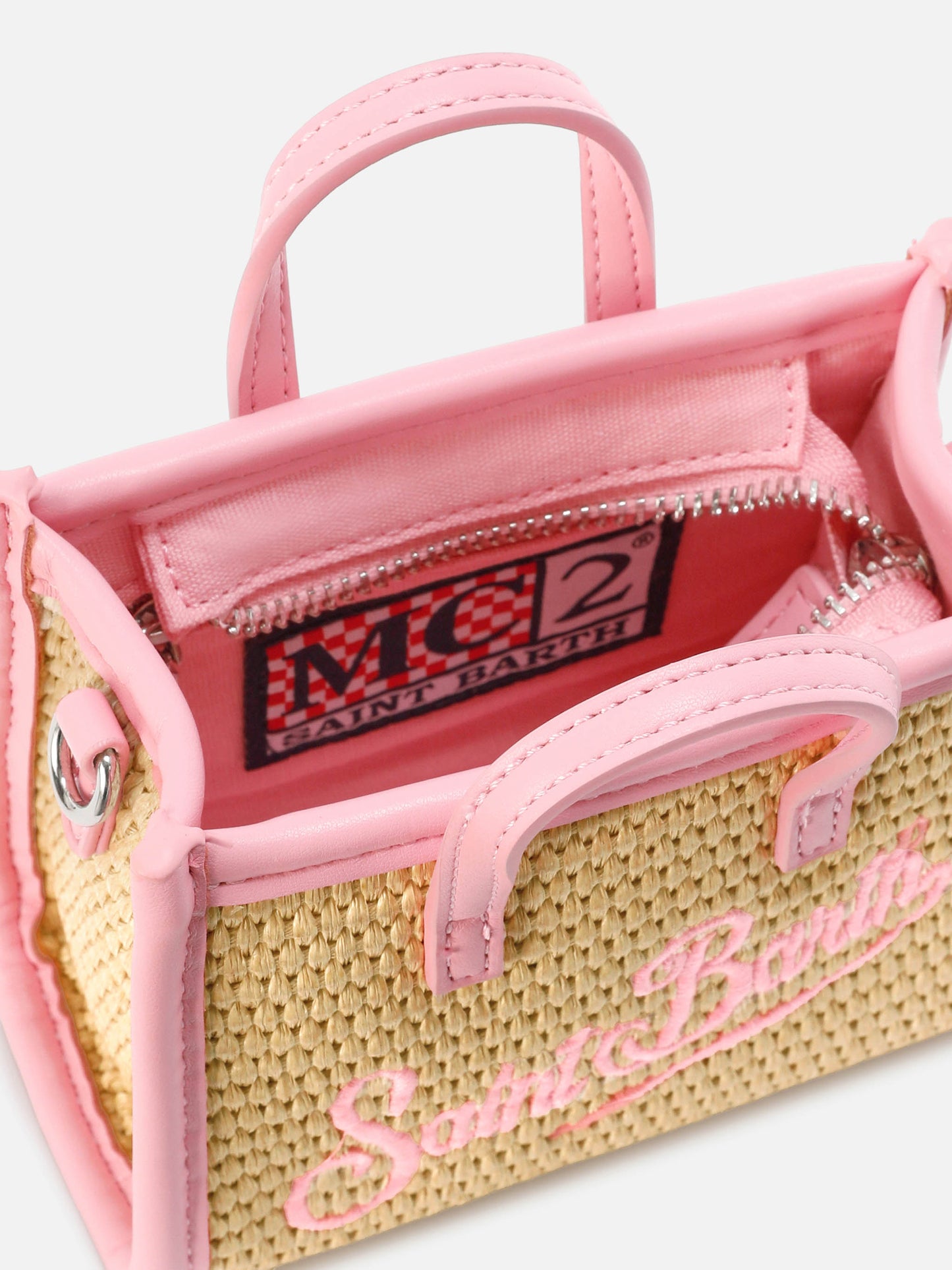 Vivian micro raffia effect bag with pink embroidered logo