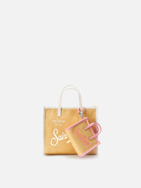 Vivian micro raffia effect bag with pink embroidered logo