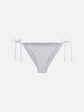 Virgo klassische Bikinihose aus silbernem Stoff mit glänzendem Finish und Strassdetails 