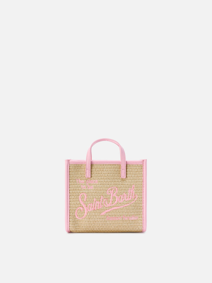 Vivian mini straw effect bag with pink embroidered logo