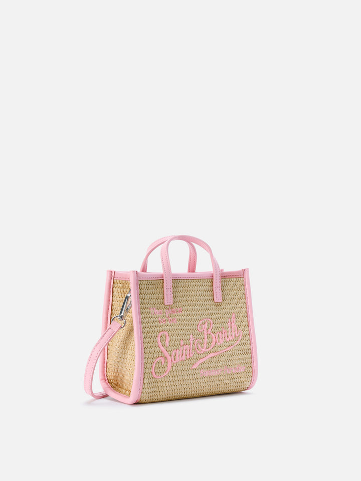 Vivian mini straw effect bag with pink embroidered logo