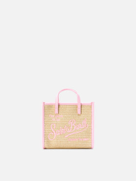 Vivian mini straw effect bag with pink embroidered logo
