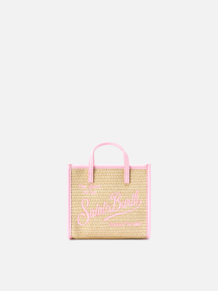 Vivian mini straw effect bag with pink embroidered logo