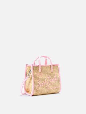 Vivian mini straw effect bag with pink embroidered logo