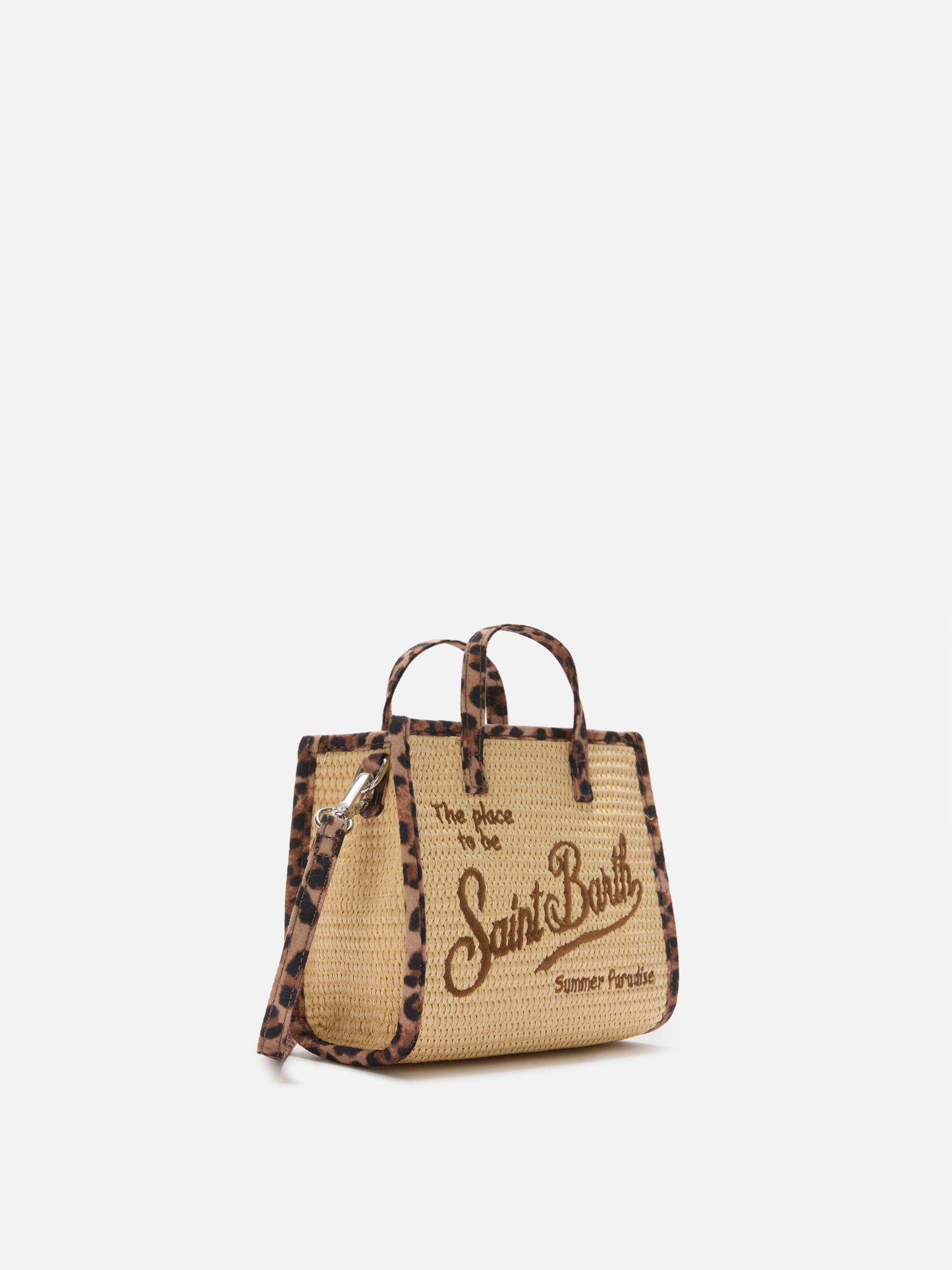 Borsa Vivian mini in tessuto effetto paglia con profili leopardati