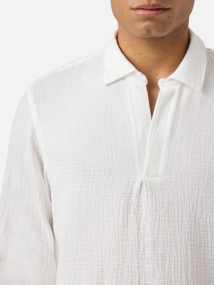 Polo Ventotene bianco a maniche lunghe in cotone waffle
