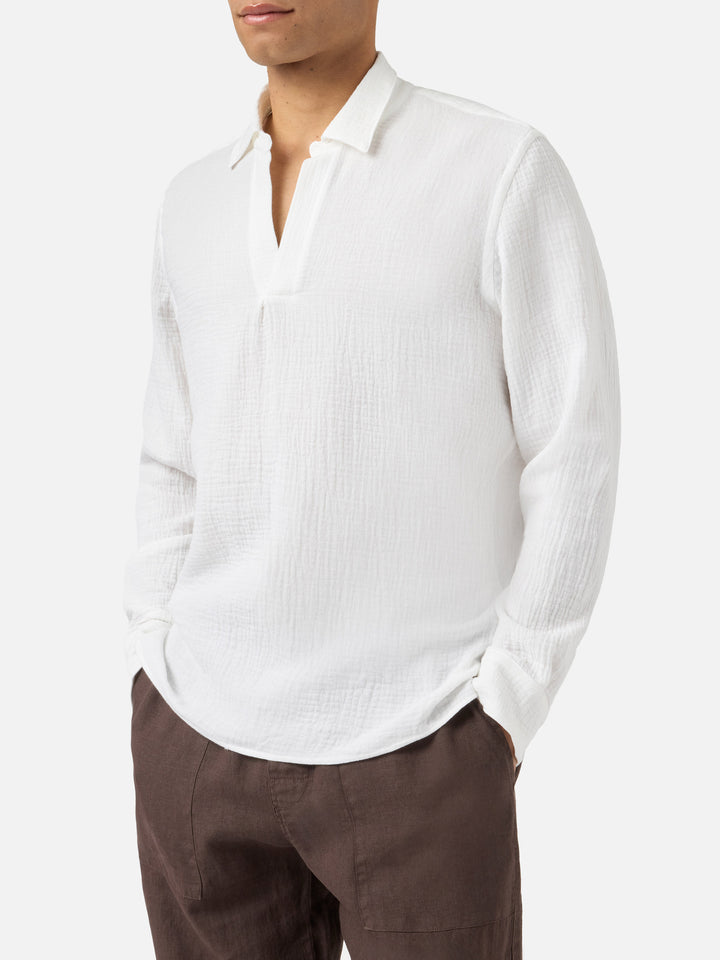 Polo Ventotene bianco a maniche lunghe in cotone waffle