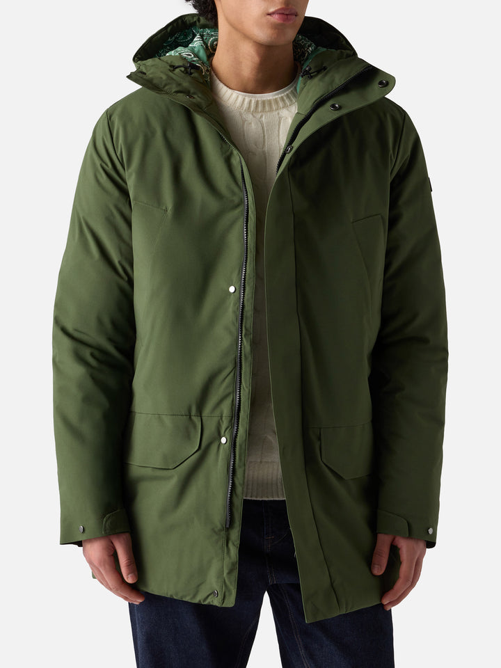 Man military green hooded parka Voyager with bandanna print