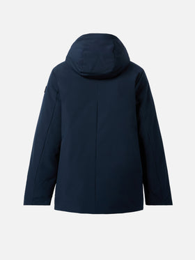 Hooded navy blue parka jacket Voyager Jr with tartan lining