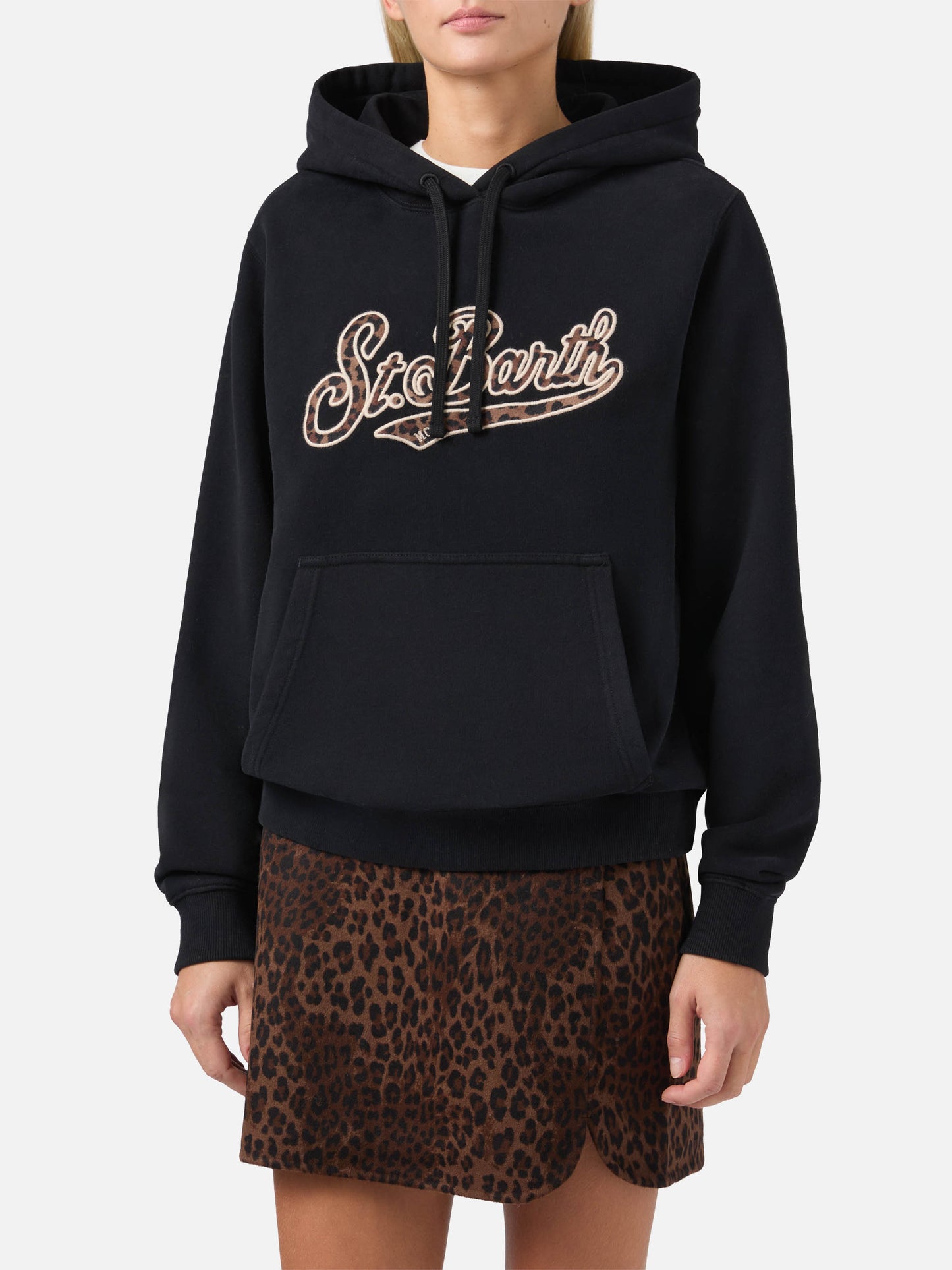 Virginia cotton hoodie in black with animal-print St. Barth embroidery