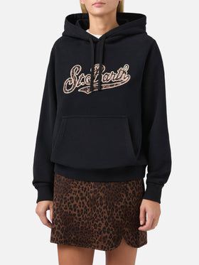 Virginia cotton hoodie in black with animal-print St. Barth embroidery