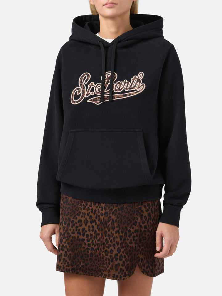 Virginia cotton hoodie in black with animal-print St. Barth embroidery