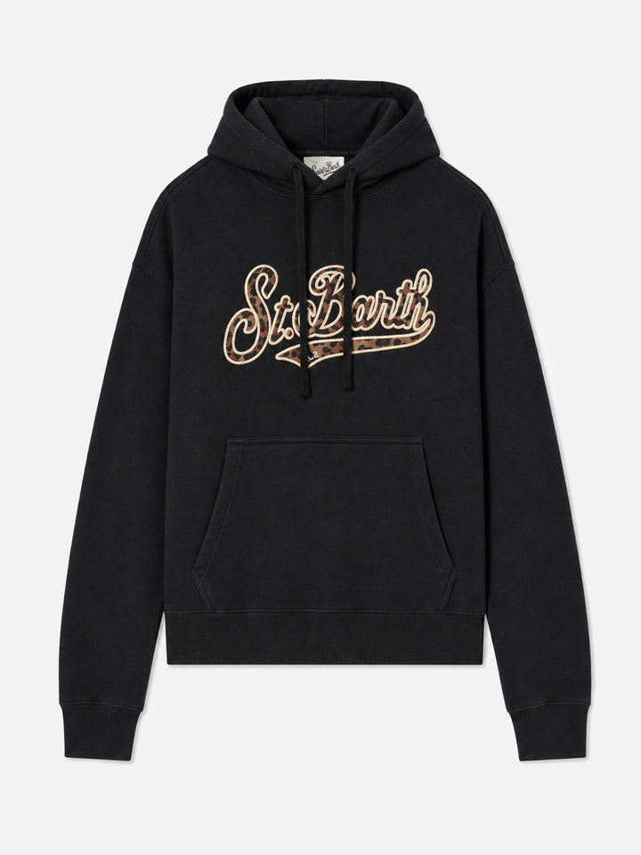 Hoodie aus Virginia-Baumwolle in Schwarz mit St. Barth-Stickerei im Animal-Print 