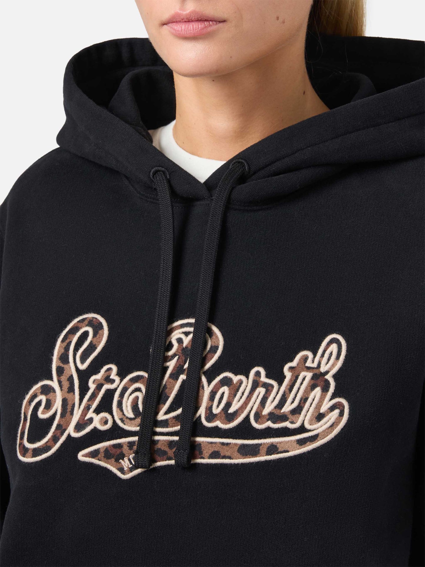 Virginia cotton hoodie in black with animal-print St. Barth embroidery
