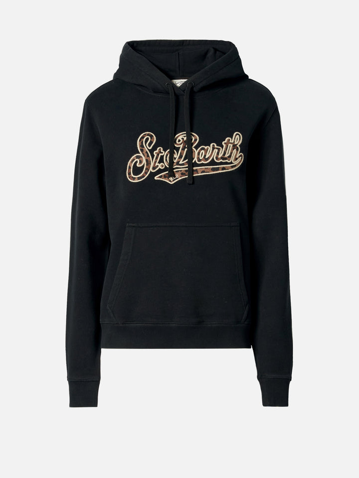 Hoodie aus Virginia-Baumwolle in Schwarz mit St. Barth-Stickerei im Animal-Print 