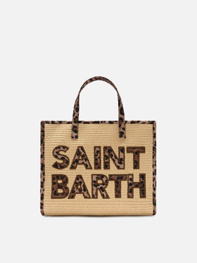 Vivian medium straw effect bag with leopard logo patches