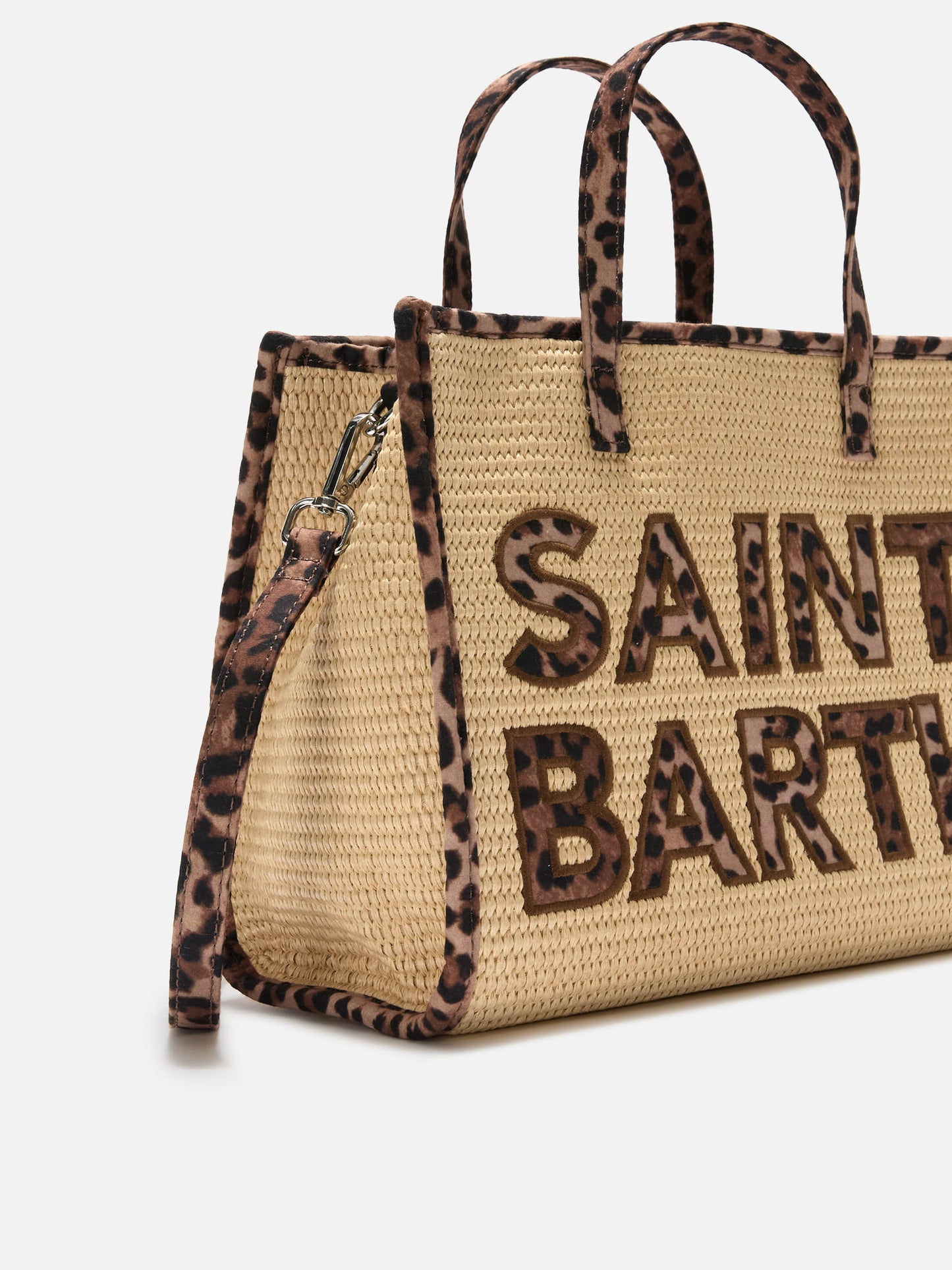 Vivian medium straw effect bag with leopard logo patches