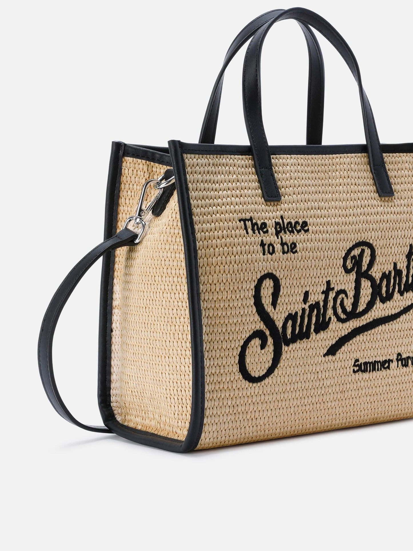 Borsa Vivian medium effetto paglia con logo nero ricamato