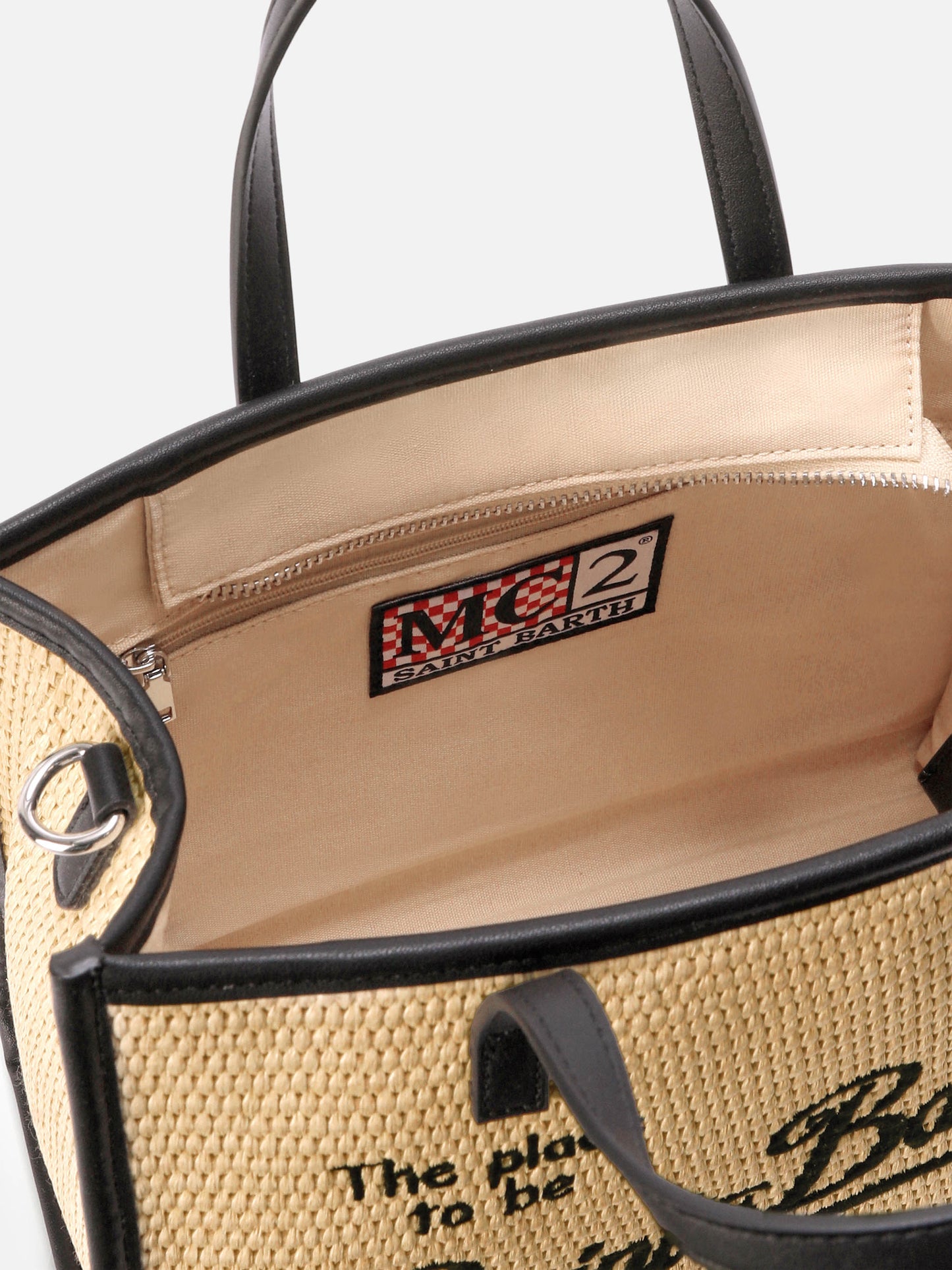 Borsa Vivian medium effetto paglia con logo nero ricamato