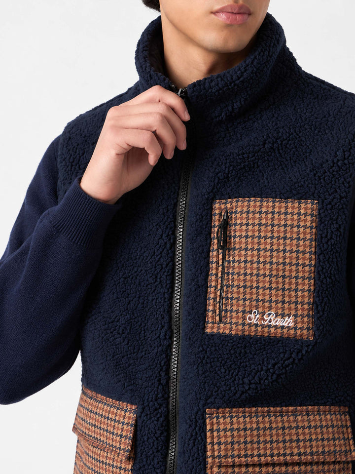 Gilet Wanaka blu navy in sherpa con tasche a quadri