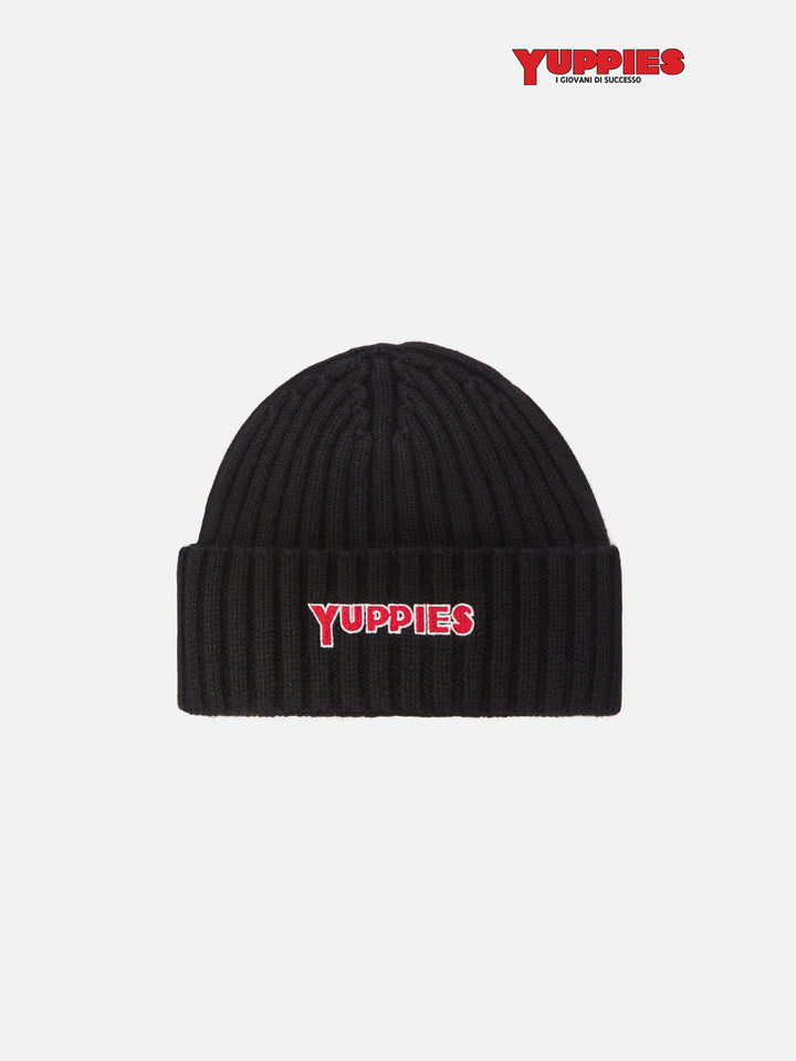 Berretto Wengen in misto cashmere nero con ricamo Yuppies 