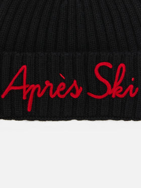 Wengen-Mütze aus Kaschmirmischung in Schwarz mit Après-Ski-Stickerei