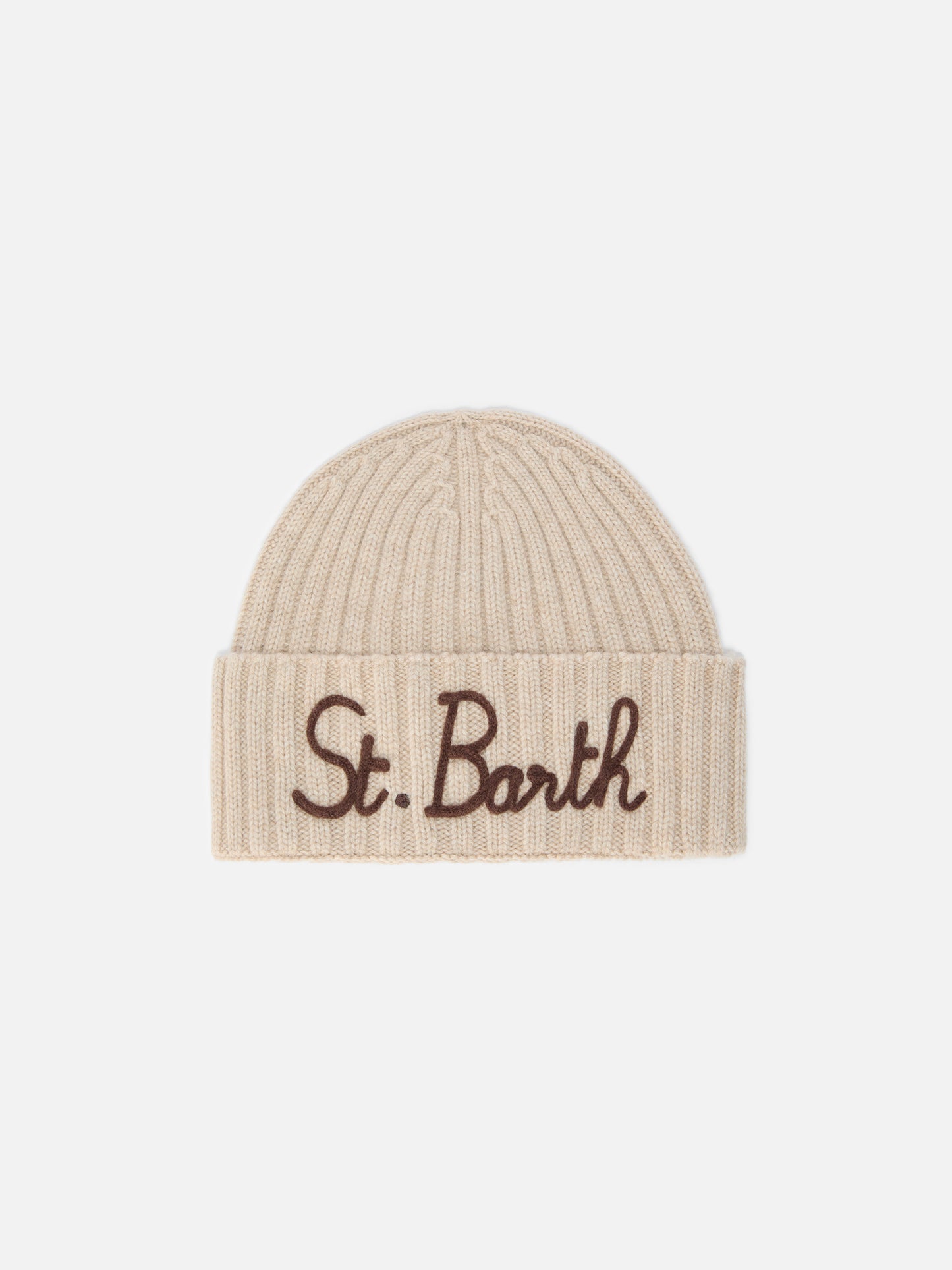 Berretto Wengen in misto cashmere beige con ricamo St. Barth