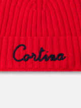 Man red ribbed hat Wengen with Cortina embroidery