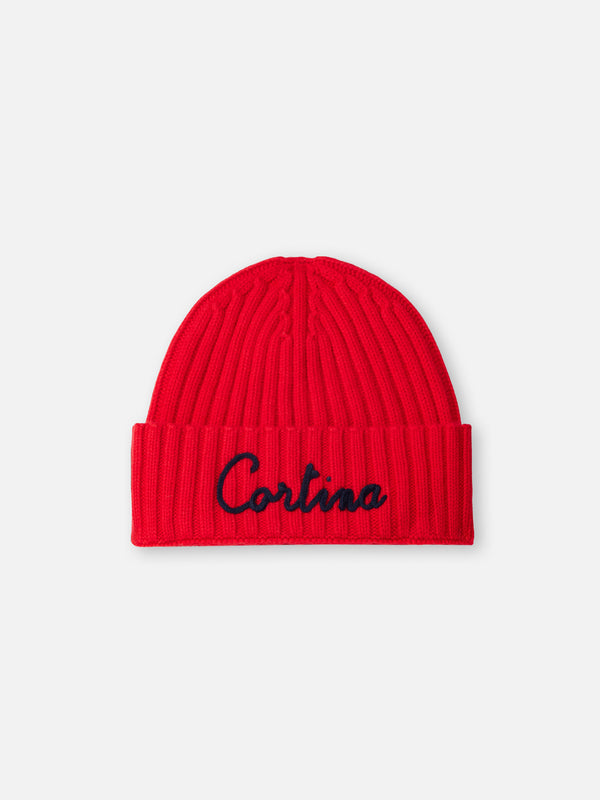 Man red ribbed hat Wengen with Cortina embroidery