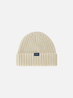 Bonnet Wengen blanc cassé avec broderie Bombardino 