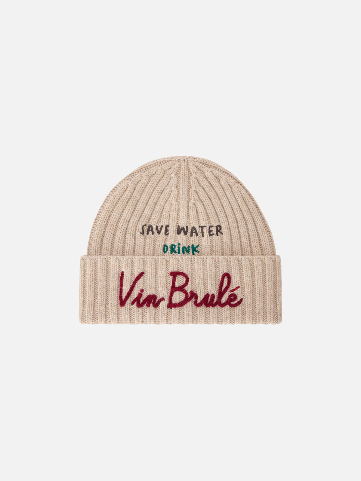 Berretto Wengen beige con ricamo Save Water Drink Vin Brulé