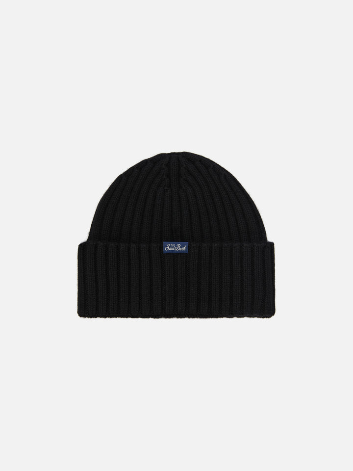 Beanie Wengen in misto cashmere nero con ricamo Super G | SUPER G SPECIAL EDITION