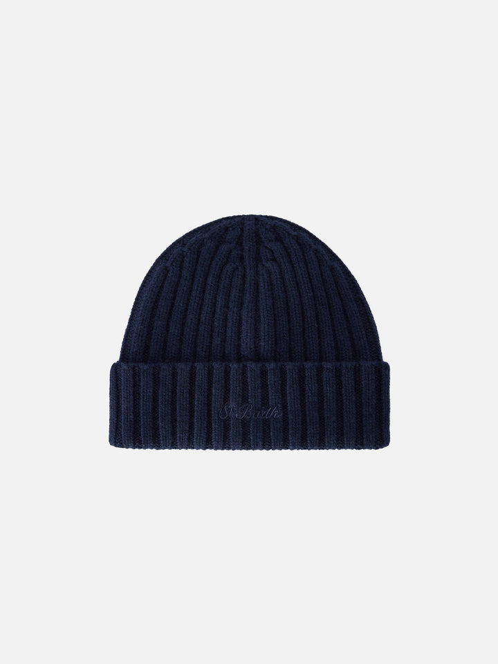 Bonnet Wengen blue bleu marine avec broderie St. Barth 