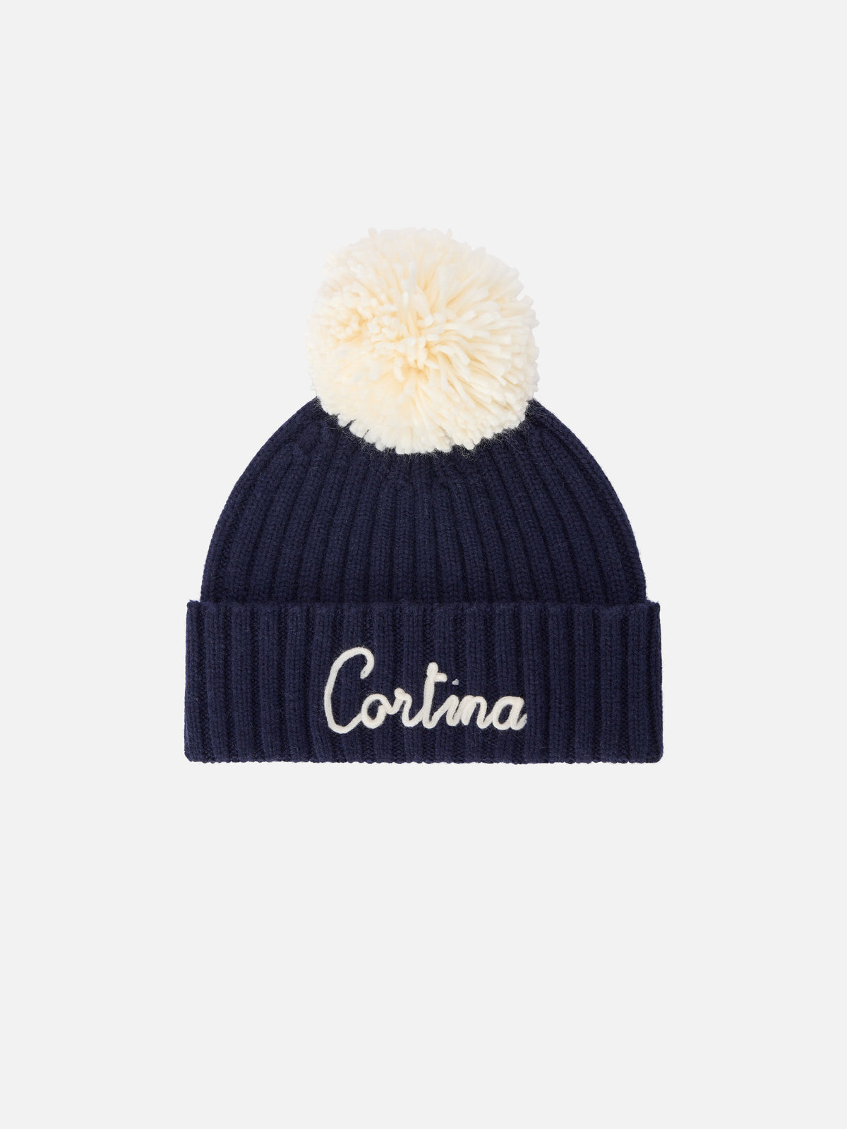 Berretto Wengen blu navy con pompon e ricamo Cortina