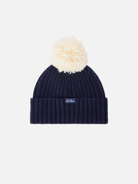 Berretto Wengen blu navy con pompon e ricamo Cortina